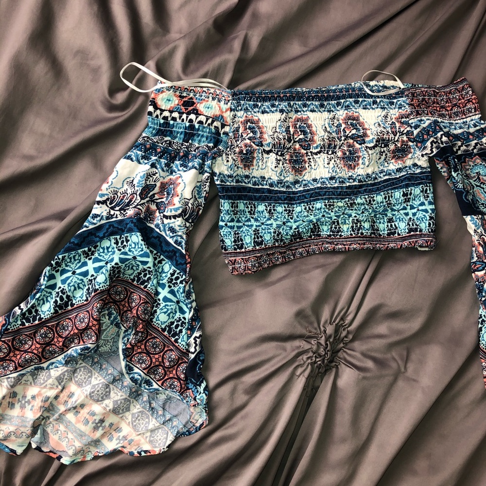 Floral Bandeau Crop Top with Bell Sleeves
